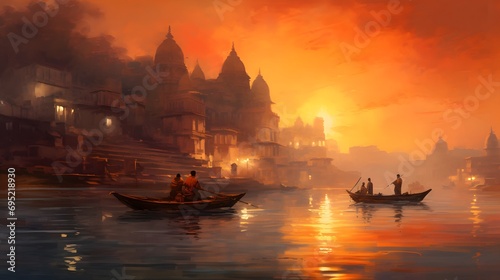 oil painting on canvas, Ancient Varanasi city architecture at sunset with view of sadhu baba enjoying a boat ride on river Ganges.
