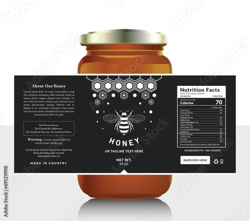 Honey black label sticker design bottle jar raw food banner bee product packaging.