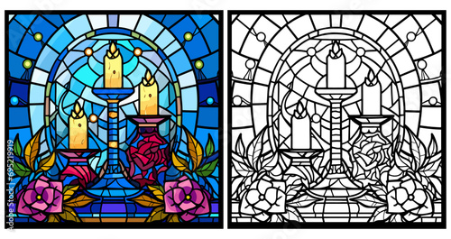 Hannukah in the Style of Stained Glass with Presents Coloring Page and Cover Design Vector on a White Background
