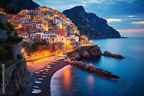 Stampa su tela A peaceful coastal village at sunset, with quaint houses perched on cliffs overl