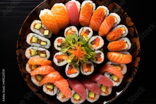 Sushi rolls arranged beautifully on a plate.