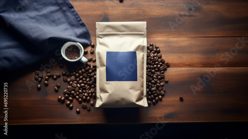 A Dark Blue coffee paper bag packaging mockup with spilled coffee beans on a coffee table, a mockup in Photoshop and Photoshop Elements, a mockup in PSD, a mockup for marketing, a mockup for packaging