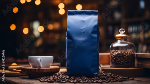 A Dark Blue coffee paper bag packaging mockup with spilled coffee beans on a coffee table, a mockup in Photoshop and Photoshop Elements, a mockup in PSD, a mockup for marketing, a mockup for packaging