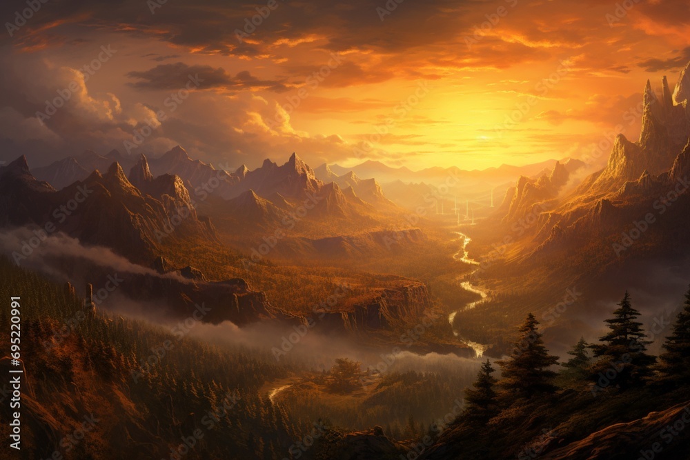 A serene sunrise over a misty mountain valley, casting a golden glow on the rugged terrain