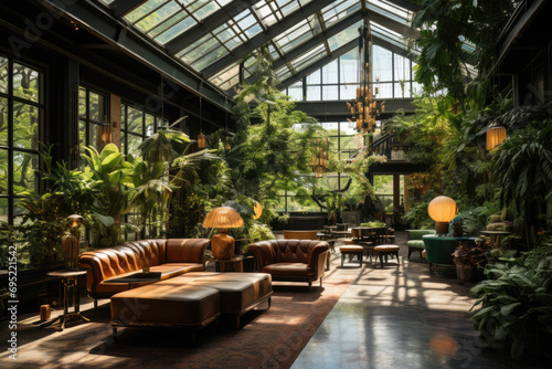 A hotel indoor atrium with a glass roof  lush plants  and a relaxing seating area