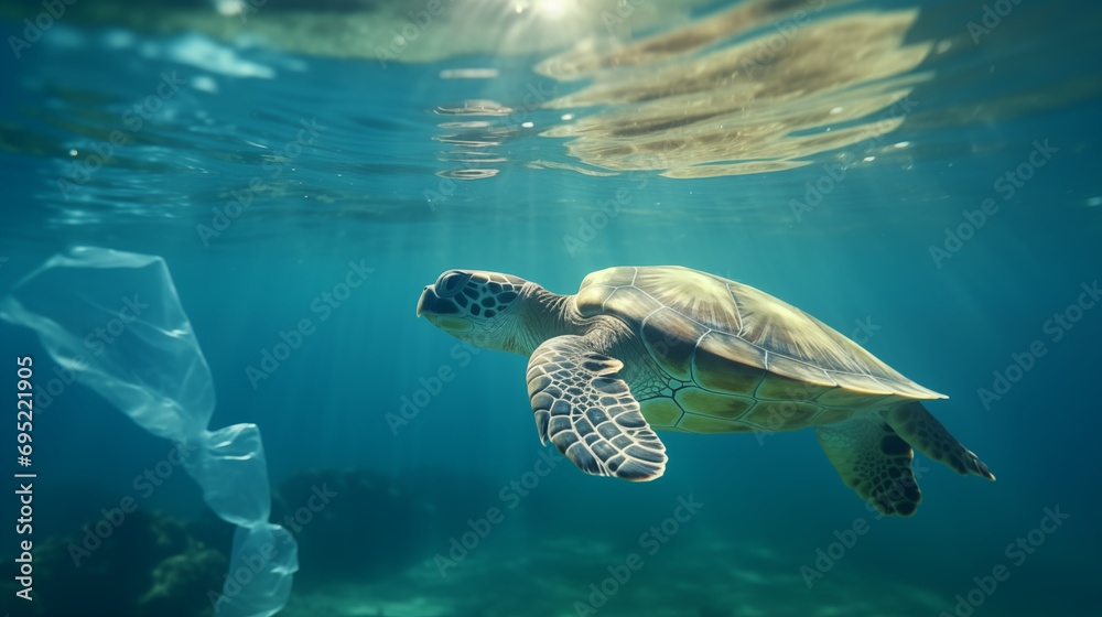 Fototapeta premium 海洋プラスチックとウミガメのイメージ