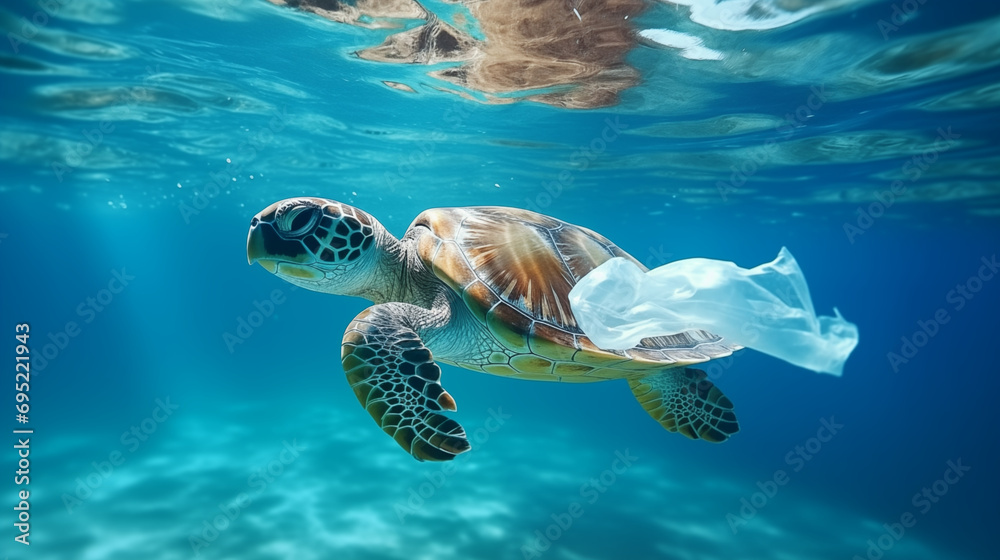 Obraz premium 海洋プラスチックとウミガメのイメージ