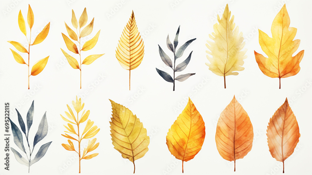 set of watercolor autumn leaves isolated on white background