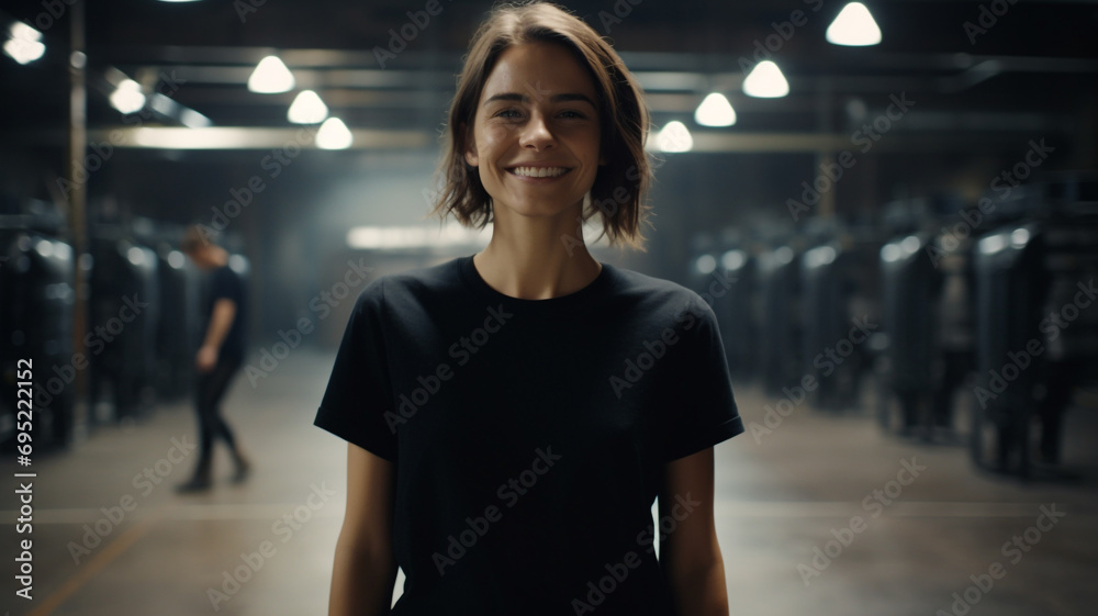 woman business owner in black t-shirt standing in industrial plant woman business owner in black t-shirt standing in industrial plant