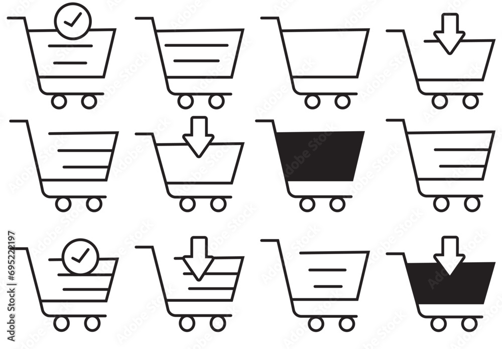 Set of shopping cart icons. Collection of web icons for online store, from various cart icons in various shapes. Shopping cart, bag concept. Vector illustration isolated on white background. EPS 10.