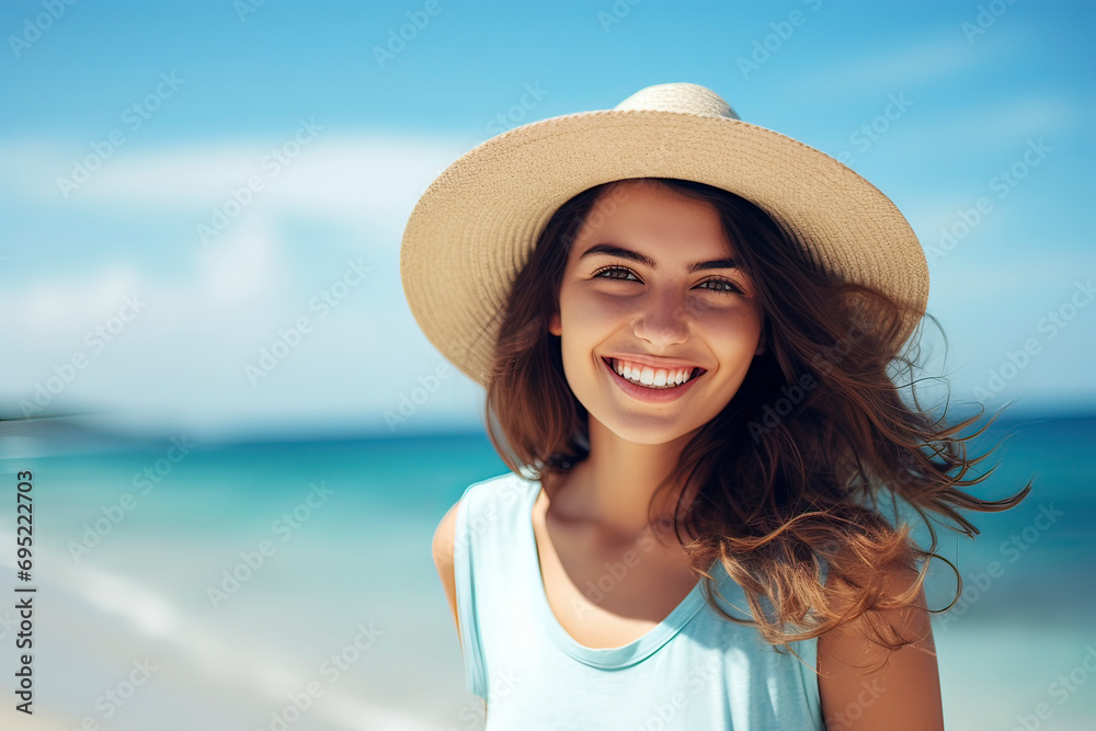 Image generated with AI. Cheerful teenage woman with straw hat on Caribbean beach