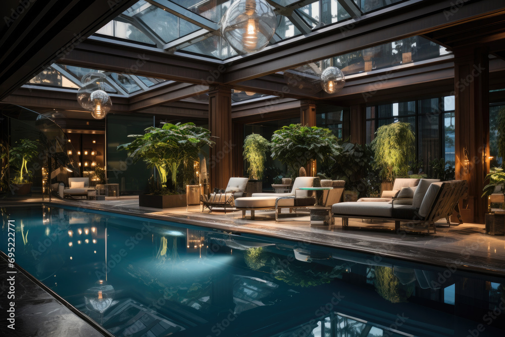 A hotel indoor pool with a glass ceiling, lounge area, and a serene atmosphere