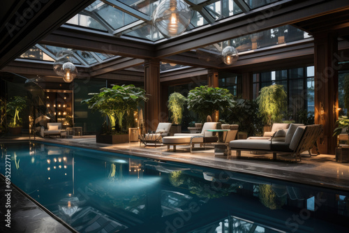 A hotel indoor pool with a glass ceiling  lounge area  and a serene atmosphere