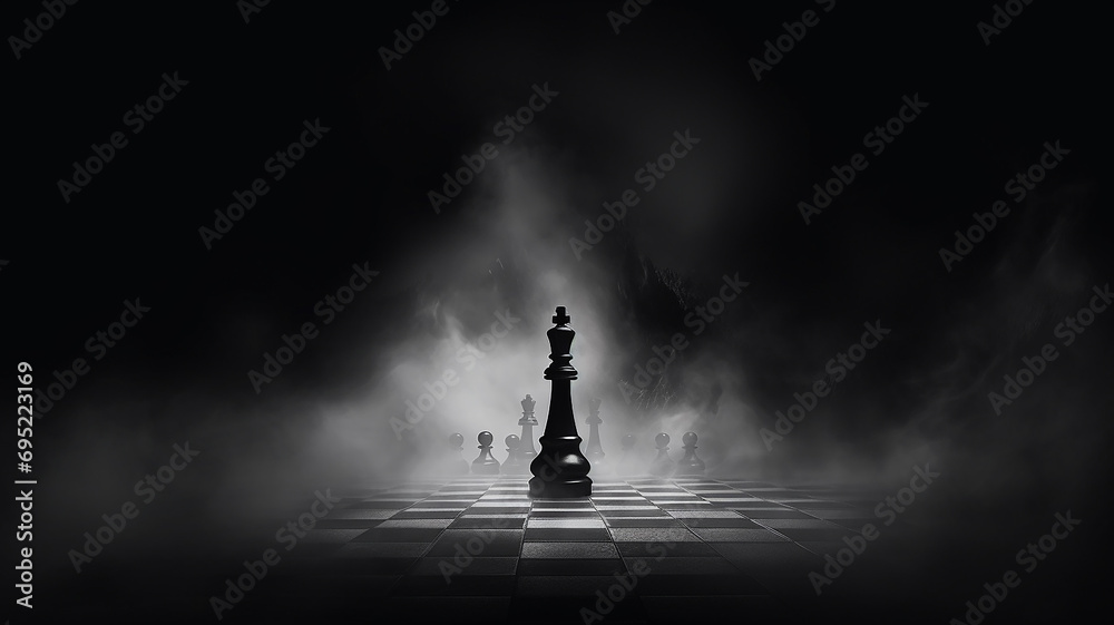 a lonely chess piece on a chessboard in disturbing lighting and fog, concept strategy decision-making leadership - obrazy, fototapety, plakaty 