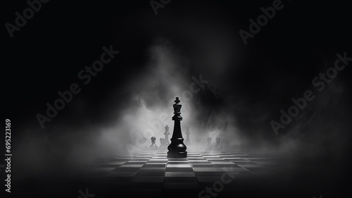 a lonely chess piece on a chessboard in disturbing lighting and fog, concept strategy decision-making leadership photo