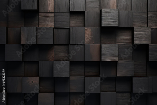 Abstract block stack wooden 3d cubes  black wood texture for backdrop