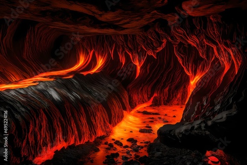 Molten lava flowing through a subterranean cavern of polished obsidian.