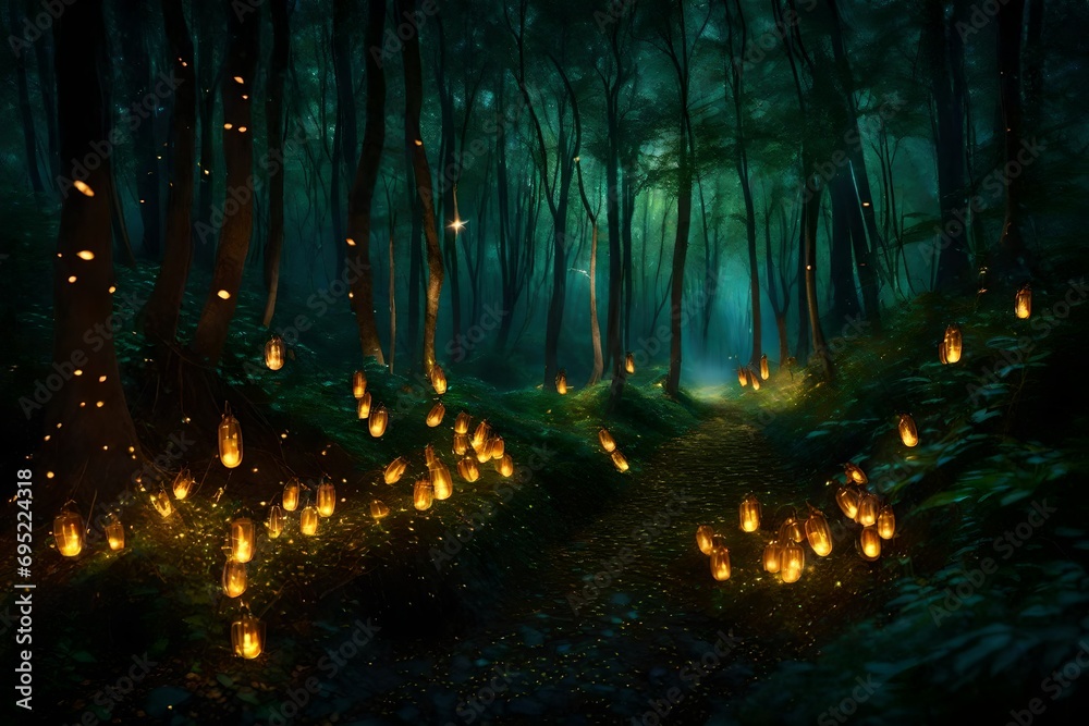 Luminous fireflies creating a dynamic light show in a mystical grove.