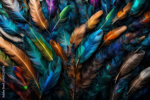 Iridescent feathers forming a mesmerizing mosaic in the air.