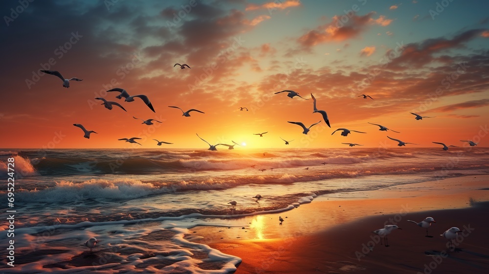 Beautiful group of birds at beach with sea wave and sunset view. Animals concept background. Generative AI - obrazy, fototapety, plakaty 