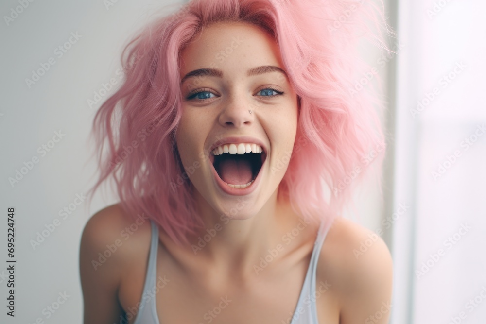 A woman with pink hair is captured in a moment of laughter as she looks directly at the camera. This image can be used to portray joy, happiness, and individuality. A woman with pink hair is captured in a moment of laughter as she looks directly at the camera. This image can be used to portray joy, happiness, and individuality.