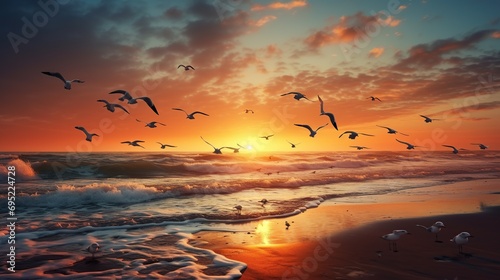 Beautiful group of birds at beach with sea wave and sunset view. Animals concept background. Generative AI © Alpa