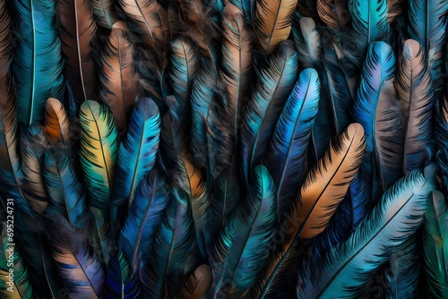 Iridescent feathers forming a mesmerizing mosaic in the air.