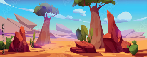Canyon desert landscape with baobab tree and cacti. Vector cartoon illustration of wild terrain with rocky stones, yellow sandy ground with dry cracks, exotic plants, dunny blue sky with clouds