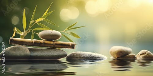 A group of rocks and bamboo sticks in the water. This picture can be used to depict a serene natural landscape or as a background image for various creative projects