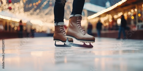 Ice skates resting on a vibrant skating rink. Perfect for winter sports and recreational activities