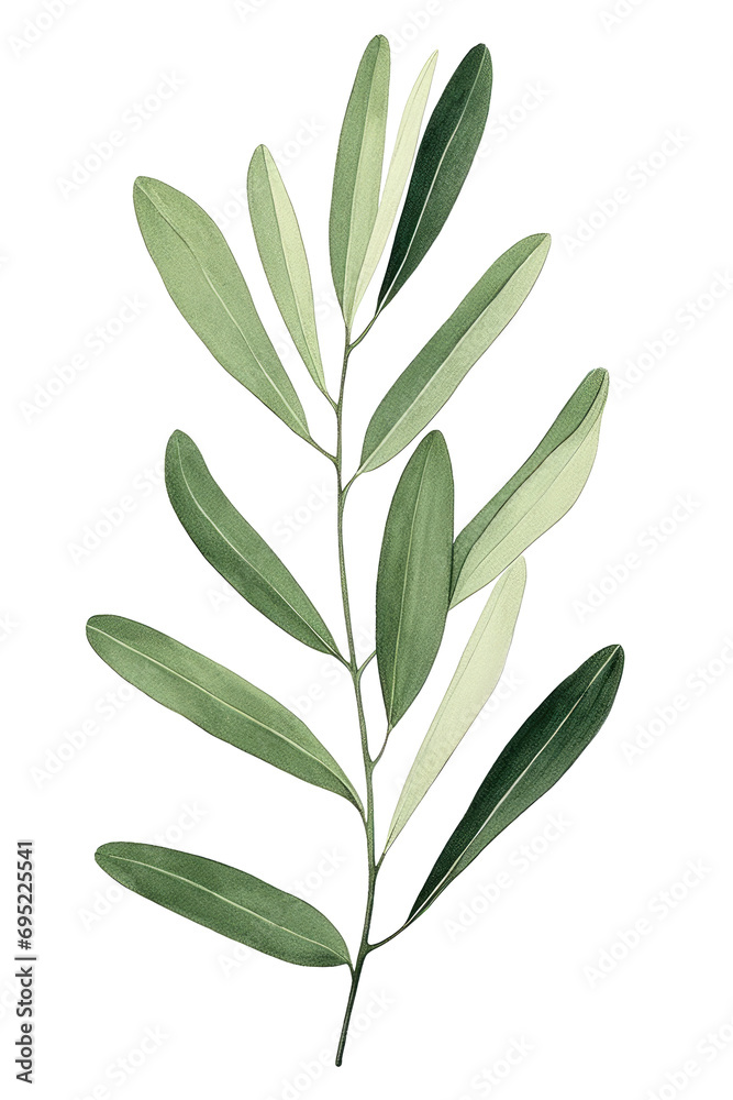Colorful watercolor painting of an olive leaf. Vibrant shades and delicate details create a soothing and natural artistic generative AI
