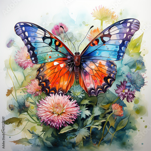 Butterfly with flowers. Watercolor painting. Vector illustration. 