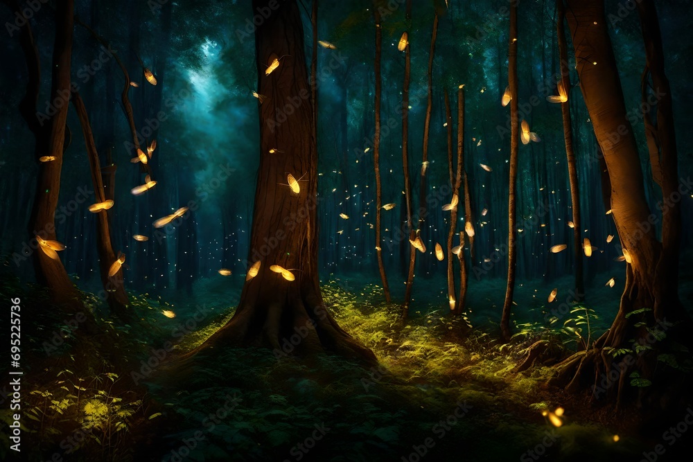 Luminous fireflies creating a dynamic light show in a mystical grove.