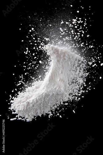 A pile of white powder on a black background. Suitable for various applications
