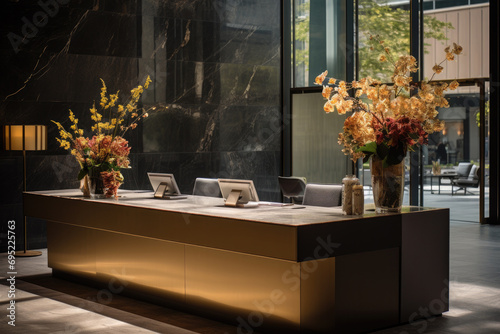 A hotel reception desk with a welcoming design  floral arrangements  and a concierge service