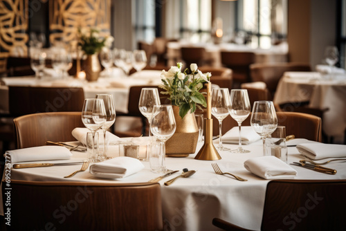 A hotel restaurant with fine dining setup, white tablecloths, and a sophisticated menu