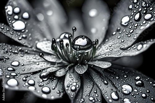 Glistening raindrops on the surface of a metallic flower.