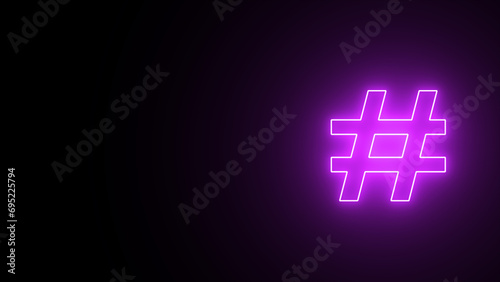 Neon glowing Hashtag symbol. Hashtag icon. Concept of number sign, social media, blogging. Trend modern logotype design.