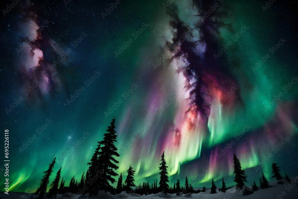 Shimmering auroras painting the night sky with ethereal strokes.