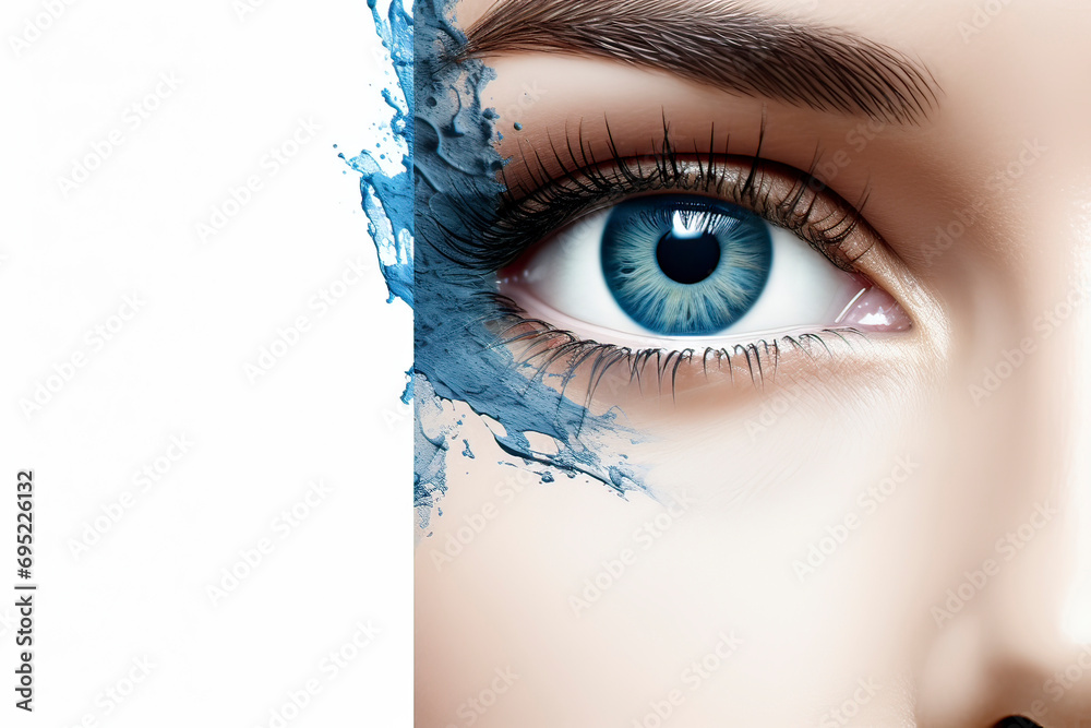 Image generated with AI. Closeup of half face with a blue woman eye isolated on a white background