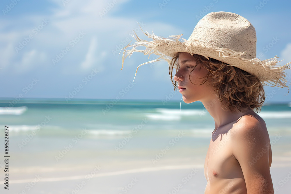 Image generated with AI. Vacation boy with straw hat on the beach on vacation