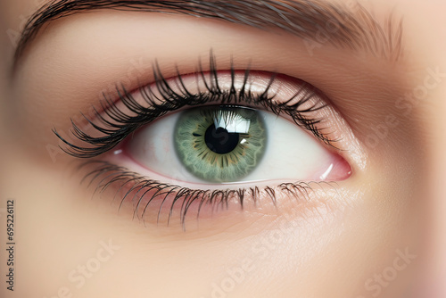 Image generated with AI. Closeup of half face with a green woman eye isolated on a white background
