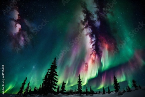 Shimmering auroras painting the night sky with ethereal strokes. © Sumia