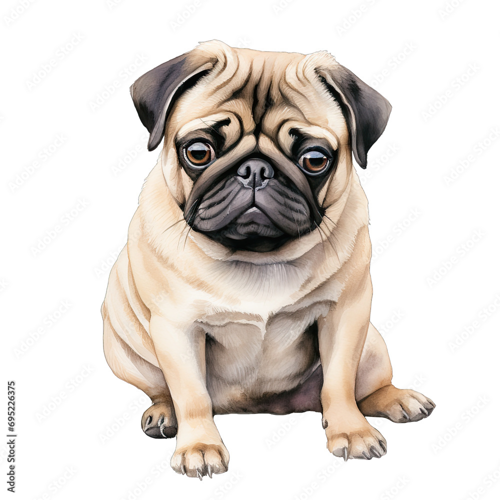 A pug sitting watercolor clipart on transparent background