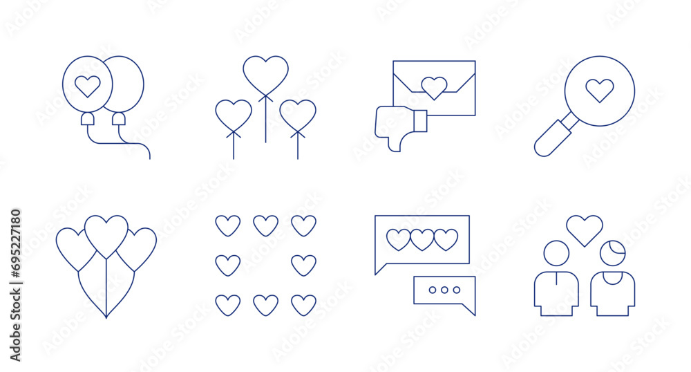 Valentine's Day icons. Editable stroke. Containing balloon, heart, hearts, heartbreak, texting, relationship, search.