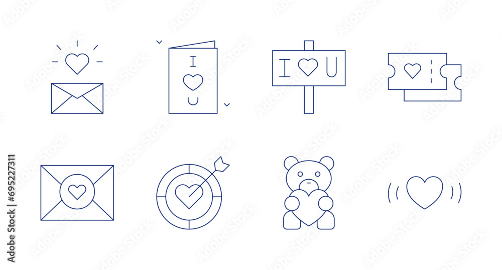 Valentine's Day icons. Editable stroke. Containing letter, love letter, target, love message, teddy bear, card, beat, ticket.
