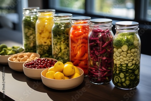 Preserved vegetables selection in glass jars with herbs, spices at kitchen. conserved chickpeas, zucchini, beans and tomatoes. Healthy sustainable cooking