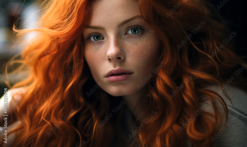 Portrait of a Woman with Vibrant Red Curly Hair and Soft Freckles, Gazing Intently in a Dreamy, Ethereal Atmosphere