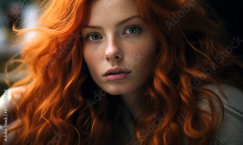 Portrait of a Woman with Vibrant Red Curly Hair and Soft Freckles, Gazing Intently in a Dreamy, Ethereal Atmosphere