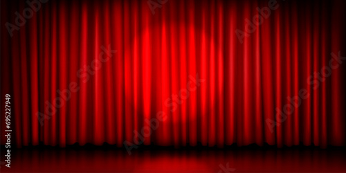 Theater stage with red closed curtain and round spotlight. Realistic vector illustration of opera show or movie ceremony drapery on scene with light. Cinema or announcement concept with waved fabric.